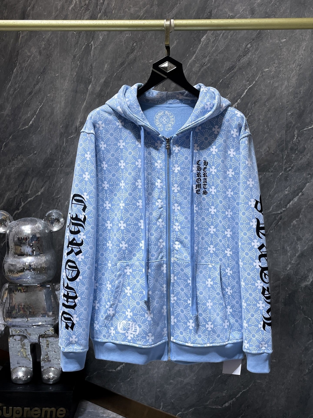 Light Blue Floral Zip-Up Hoodie Jacket Chrome Hearts